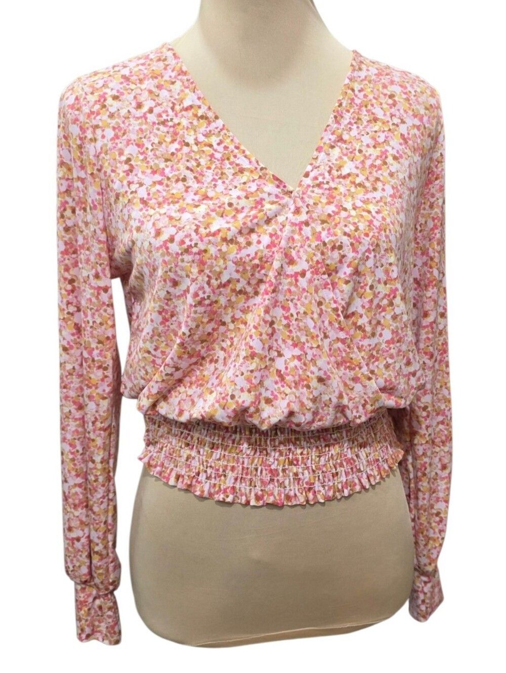Gilli Soft Pink Peach Floral Smocked Waist Long Sleeve V-Neck Blouse Top Size S